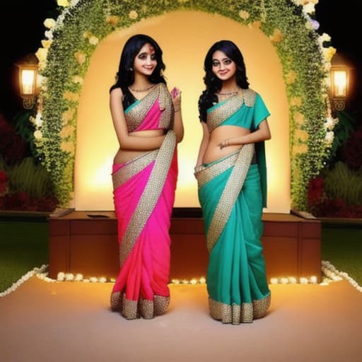  2 saree Girl's doing romance in night at flower bed at legs night lamp and jewellery body and full hair romantic eyes cute smile in 8d look