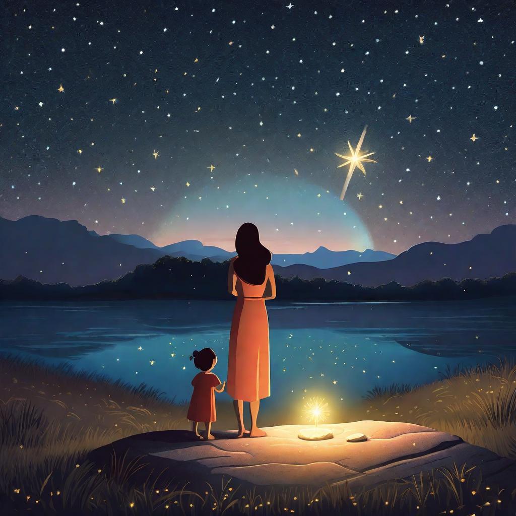  "A young child and their mother, standing on an island under a starry night sky, holding a radiant stone between them. They are beaming at each other, getting ready to make a wish. There should be an element of uncertainty expressed in their expressions or body language, indicating a problem they are about to face before using the stone. The overall mood of the image is joyful and whimsical, suitable for children."((masterpiece)), best quality, very detailed, high resolution, sharp, sharp image, extremely detailed, 4k, 8k, fairytale hyperrealistic, full body, detailed clothing, highly detailed, cinematic lighting, stunningly beautiful, intricate, sharp focus, f/1. 8, 85mm, (centered image composition), (professionally color graded), ((bright soft diffused light)), volumetric fog, trending on instagram, trending on tumblr, HDR 4K, 8K