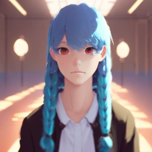 portrait+ style masterpiece. blurry background. loocing at viewers. 1girl. blue hair. Makoto Shinkai style. bangs. vibrant colors. 32K. high details. in the style skin art. blue eyes. full body. futures. beautiful.