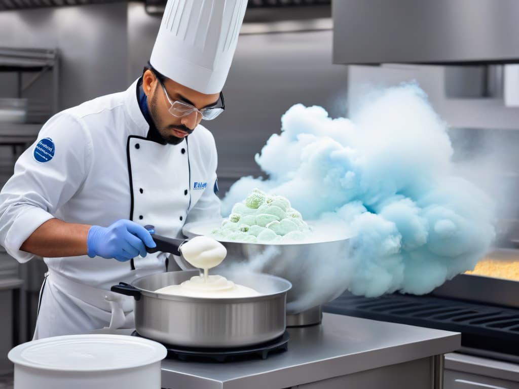  A photorealistic image of a skilled pastry chef wearing a pristine white uniform and protective gear, carefully pouring liquid nitrogen into a mixing bowl filled with fresh cream and flavorful ingredients. The nitrogen billows out in a mesmerizing cloud, creating a dramatic visual effect that showcases the process of making instant ice cream with liquid nitrogen. The background is a sleek, modern kitchen filled with hightech equipment, emphasizing the cuttingedge technique being used in the preparation of the innovative frozen dessert. hyperrealistic, full body, detailed clothing, highly detailed, cinematic lighting, stunningly beautiful, intricate, sharp focus, f/1. 8, 85mm, (centered image composition), (professionally color graded), ((bright soft diffused light)), volumetric fog, trending on instagram, trending on tumblr, HDR 4K, 8K