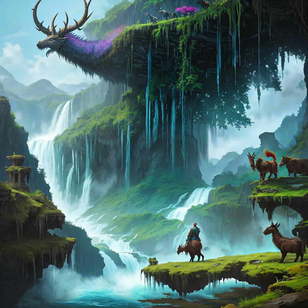  in a fantasy setting, Paint a surreal landscape where mythical beasts roam amidst cascading waterfalls.