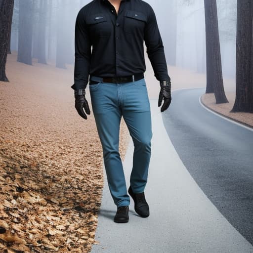  a man walking down a long road hyperrealistic, full body, detailed clothing, highly detailed, cinematic lighting, stunningly beautiful, intricate, sharp focus, f/1. 8, 85mm, (centered image composition), (professionally color graded), ((bright soft diffused light)), volumetric fog, trending on instagram, trending on tumblr, HDR 4K, 8K