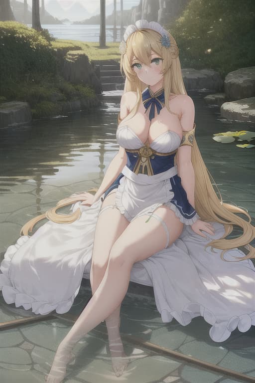  (score 9,score 8 up,score 7 up,),1girl,solo,maid,maid headdress,looking at viewer,outdoor,lake,apron,blonde hair,indoors,green eyes,bare foot,two feet in the water lotus flower sex stunny hyperrealistic, full body, detailed clothing, highly detailed, cinematic lighting, stunningly beautiful, intricate, sharp focus, f/1. 8, 85mm, (centered image composition), (professionally color graded), ((bright soft diffused light)), volumetric fog, trending on instagram, trending on tumblr, HDR 4K, 8K