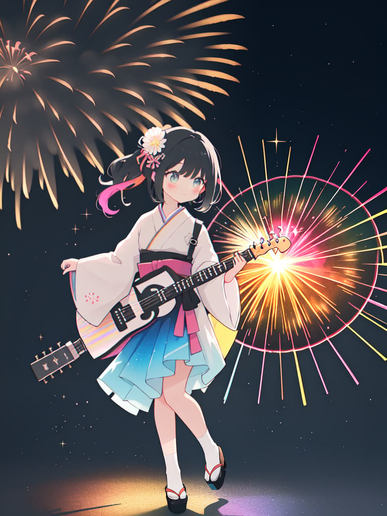  Delicate digital illustration,high contrast,Japanese style girl idols singing,guitar,shamisen,seven colored fireworks shining in abundance,rainbow colored penlights,dark background,kaleidoscope effect, masterpiece, best quality,8k,ultra detailed,high resolution,an extremely delicate and beautiful,hyper detail hyperrealistic, full body, detailed clothing, highly detailed, cinematic lighting, stunningly beautiful, intricate, sharp focus, f/1. 8, 85mm, (centered image composition), (professionally color graded), ((bright soft diffused light)), volumetric fog, trending on instagram, trending on tumblr, HDR 4K, 8K