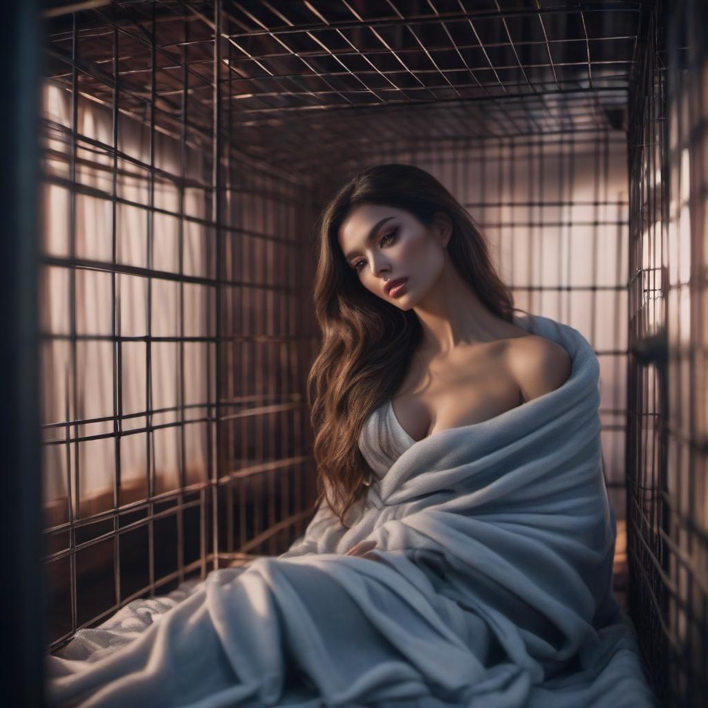  the girl was swaddled like a child in a flannelette blanket in a cage hyperrealistic, full body, detailed clothing, highly detailed, cinematic lighting, stunningly beautiful, intricate, sharp focus, f/1. 8, 85mm, (centered image composition), (professionally color graded), ((bright soft diffused light)), volumetric fog, trending on instagram, trending on tumblr, HDR 4K, 8K