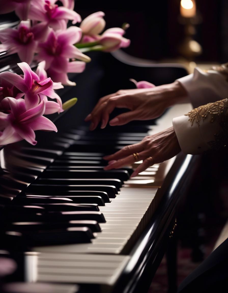  cinematic film still A Victorian beauty in mourning plays the white and black keys of a white piano from a distance, holding a bouquet of lilies, 1870s era, pink orchid flowers on the table. . shallow depth of field, vignette, highly detailed, high budget, bokeh, cinemascope, moody, epic, gorgeous, film grain, grainy hyperrealistic, full body, detailed clothing, highly detailed, cinematic lighting, stunningly beautiful, intricate, sharp focus, f/1. 8, 85mm, (centered image composition), (professionally color graded), ((bright soft diffused light)), volumetric fog, trending on instagram, trending on tumblr, HDR 4K, 8K