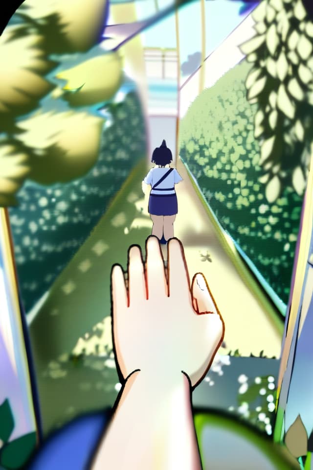  (((POV one's hand:1.4)))、((🧝‍♀️))、セーラー服、squat、from back、surrounded by bushes in outdoor、in focus with blurred background、💩、💩、💩、