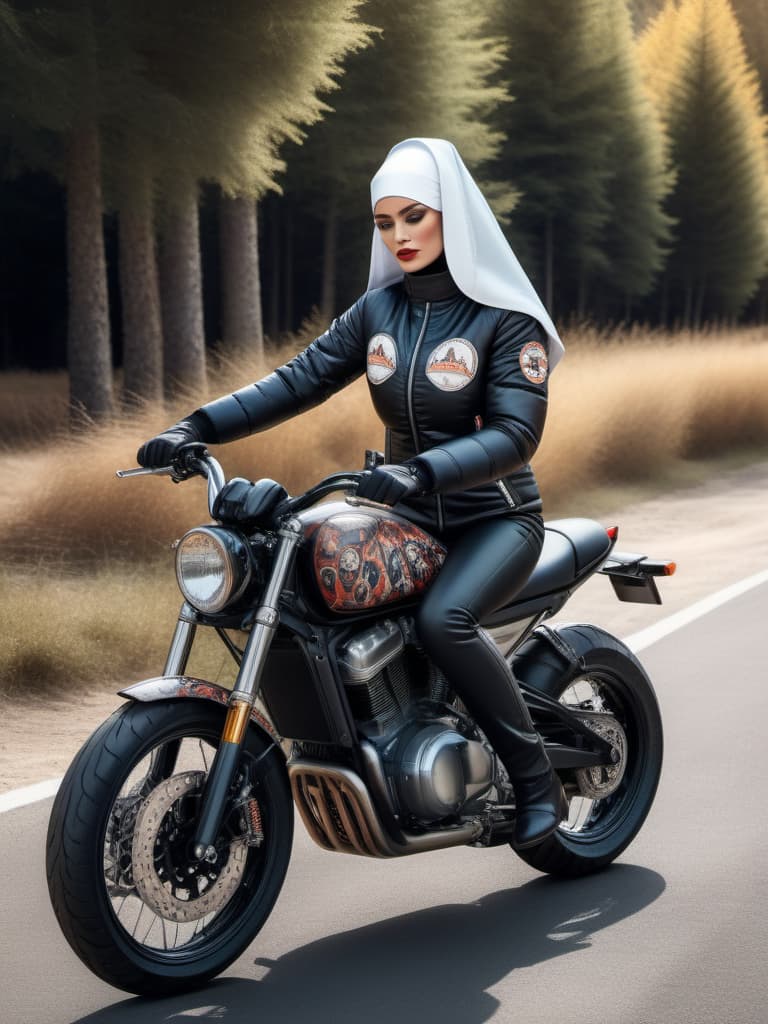  Fashion editorial style down jacket with nun on a motorcycle print, (excellent quality, 4k, hq texture, hdr, detailed) . High fashion, trendy, stylish, editorial, magazine style, professional, highly detailed