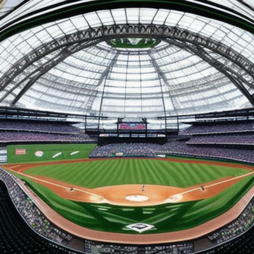  panoramic views of futuristic MLB baseball stadium with a lot of greenery and glass dome