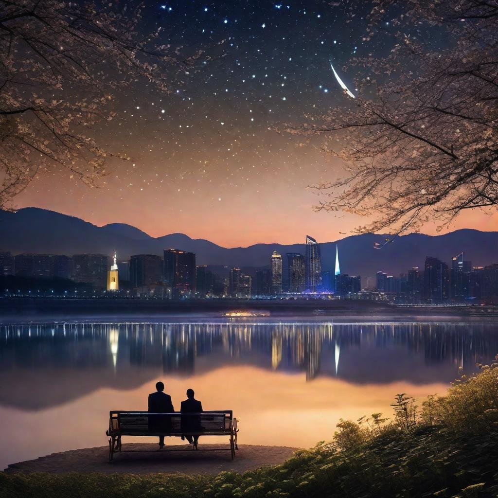  Prompt: Imagine a magical scene along the banks of the Han River as the main setting. This serene setting gleams under the loving embrace of the night sky studded with twinkling stars, casting an aura of mystery and dreaminess. At the center of attention is the forgotten Prince, a traveler in search of dreams. He stands confidently, radiating courage, love, and a hint of excitement. Around him are the night fairies. They are dancing in the air, their dazzling clothes twirling and shimmering, releasing soft magical sprinkles as they move. A bit offside are the adventurers, brave characters who have embarked on a journey to find the source of a mysterious sound. They are observing the spectacle, their eyes wide with wonder, curiosity, and s hyperrealistic, full body, detailed clothing, highly detailed, cinematic lighting, stunningly beautiful, intricate, sharp focus, f/1. 8, 85mm, (centered image composition), (professionally color graded), ((bright soft diffused light)), volumetric fog, trending on instagram, trending on tumblr, HDR 4K, 8K