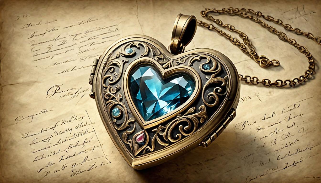  on parchment, surrealism+++, An ancient heart shaped locket opening to reveal a radiant crystal, pulsating with energy that lights up a dark room. Locket aged, crystal glowing, room illuminated, core of vitality, energizing presence(mysterious, provocative, symbolic,muted color)+++