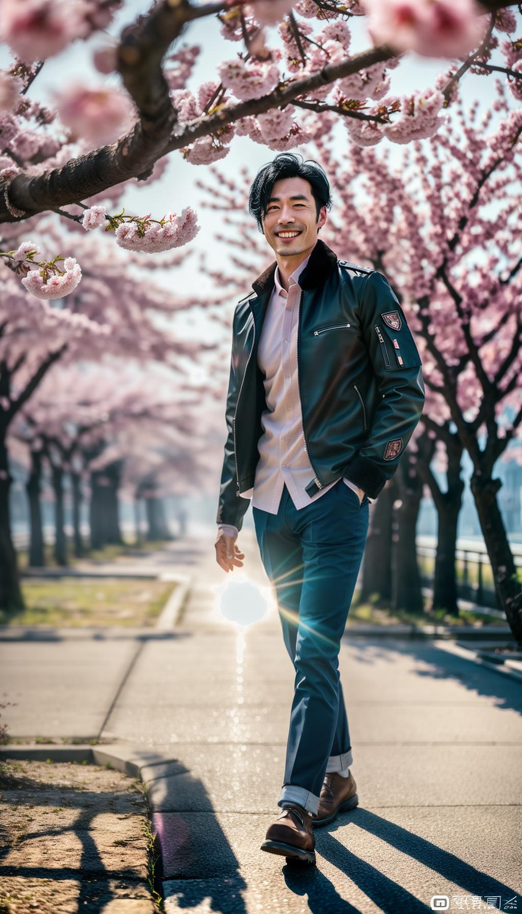  A realistic photo of a slim young Japanese boy, with black hair in a mushroom cut, walking along a row of cherry blossom trees by the river, turning back and smiling at the camera. He is wearing a black riders jacket. hyperrealistic, full body, detailed clothing, highly detailed, cinematic lighting, stunningly beautiful, intricate, sharp focus, f/1. 8, 85mm, (centered image composition), (professionally color graded), ((bright soft diffused light)), volumetric fog, trending on instagram, trending on tumblr, HDR 4K, 8K