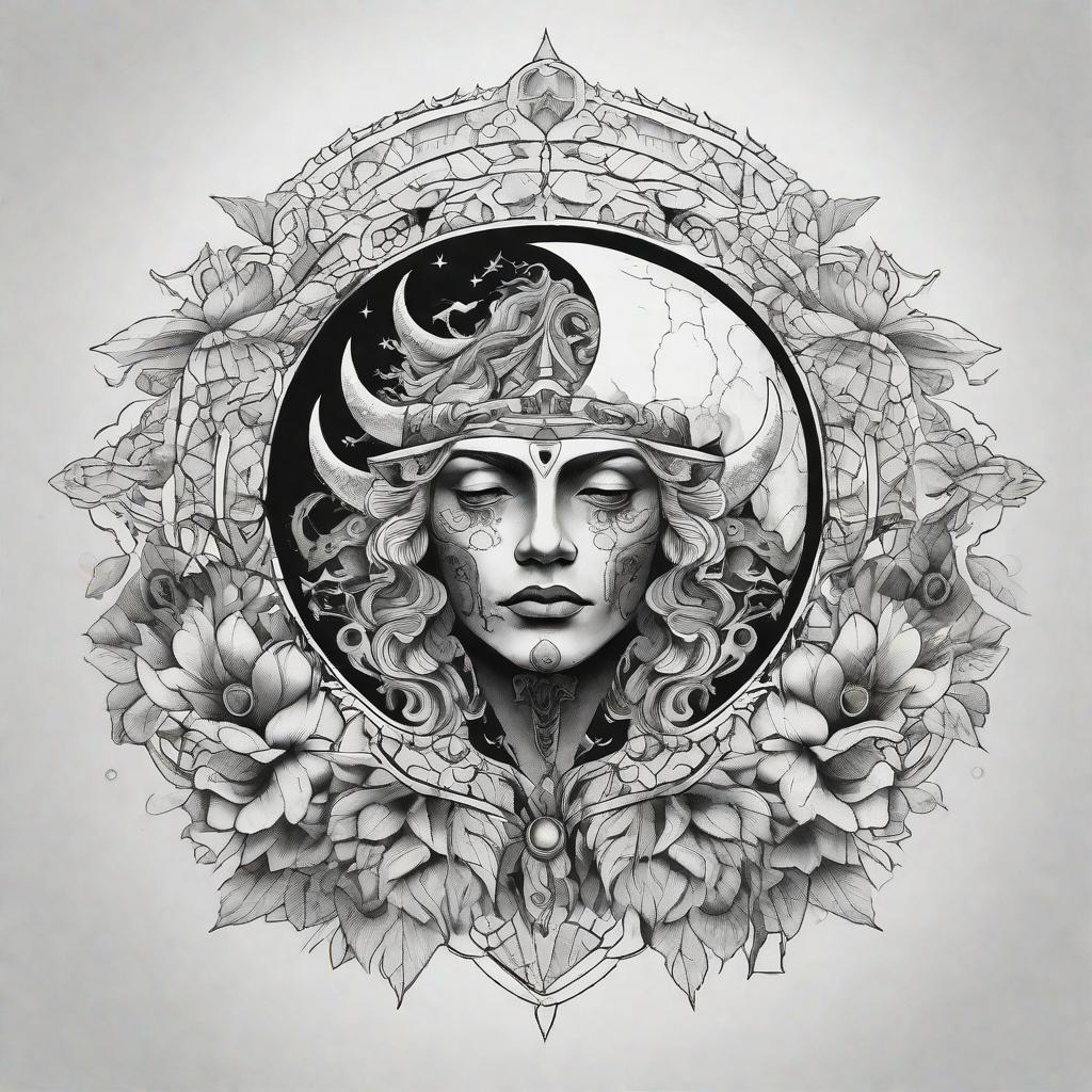  masterpiece, best quality, Black and White tattoo style. Theme: Half moon. For man or gender neutral tattoo. No skin. White background. Some inspiration from the uploaded image. some references on taurus. Dont have to be uber detailed but can have detailings and freshness. references of mythical elements.