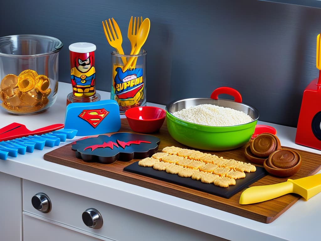  A closeup, ultradetailed 8k image of a sleek, modern kitchen countertop. On the countertop, there is an organized display of vibrant and colorful superherothemed baking tools and equipment, such as cookie cutters shaped like comic book characters, mixing bowls with superhero logos, and spatulas with bright, bold colors. The image captures the essence of a professional superherothemed bakery setup, with a minimalist aesthetic that highlights the vivid colors and intricate details of the baking equipment. hyperrealistic, full body, detailed clothing, highly detailed, cinematic lighting, stunningly beautiful, intricate, sharp focus, f/1. 8, 85mm, (centered image composition), (professionally color graded), ((bright soft diffused light)), volumetric fog, trending on instagram, trending on tumblr, HDR 4K, 8K