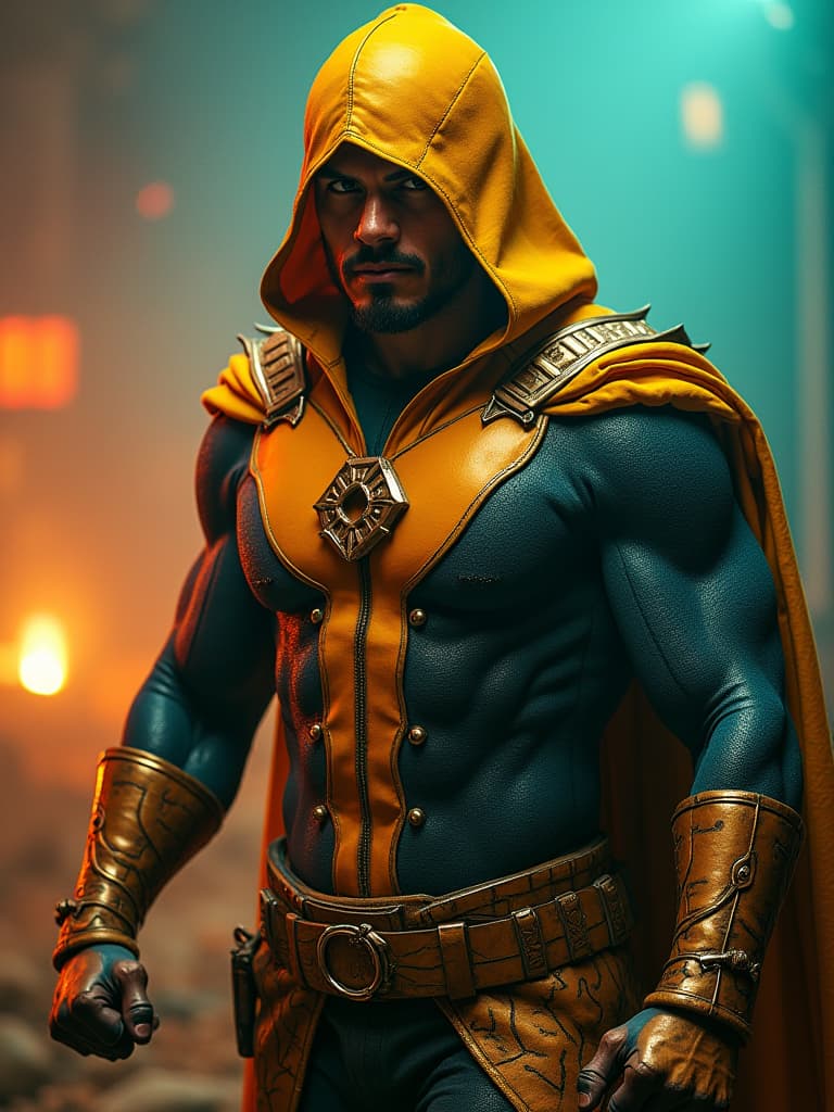  an image of a man dressed like a superhero with his fists and arm, in the style of chicano art, dark yellow and turquoise, red and bronze, bold posters, rangercore, argus c3, the blue rider hyperrealistic, full body, detailed clothing, highly detailed, cinematic lighting, stunningly beautiful, intricate, sharp focus, f/1. 8, 85mm, (centered image composition), (professionally color graded), ((bright soft diffused light)), volumetric fog, trending on instagram, trending on tumblr, HDR 4K, 8K