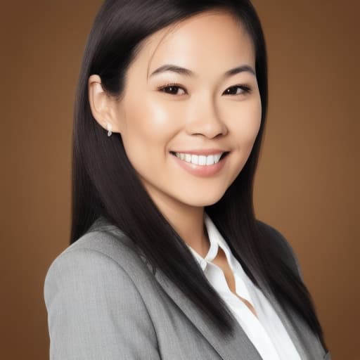  A close-up front-facing, head-and-shoulders portrait of a smiling Asian woman with long dark hair, wearing a professional grey suit and white shirt. She is equipped with a black headset featuring a microphone positioned near her mouth. The background is a simple, smooth gradient from mid to dark grey, creating a neutral, professional look. The lighting is soft, highlighting her friendly expression and professional demeanor.