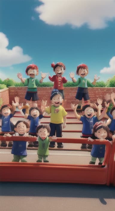  {A heartwarming scene of all the children waving goodbye with happy expressions., Children waving with wide smiles, looking grateful and content.