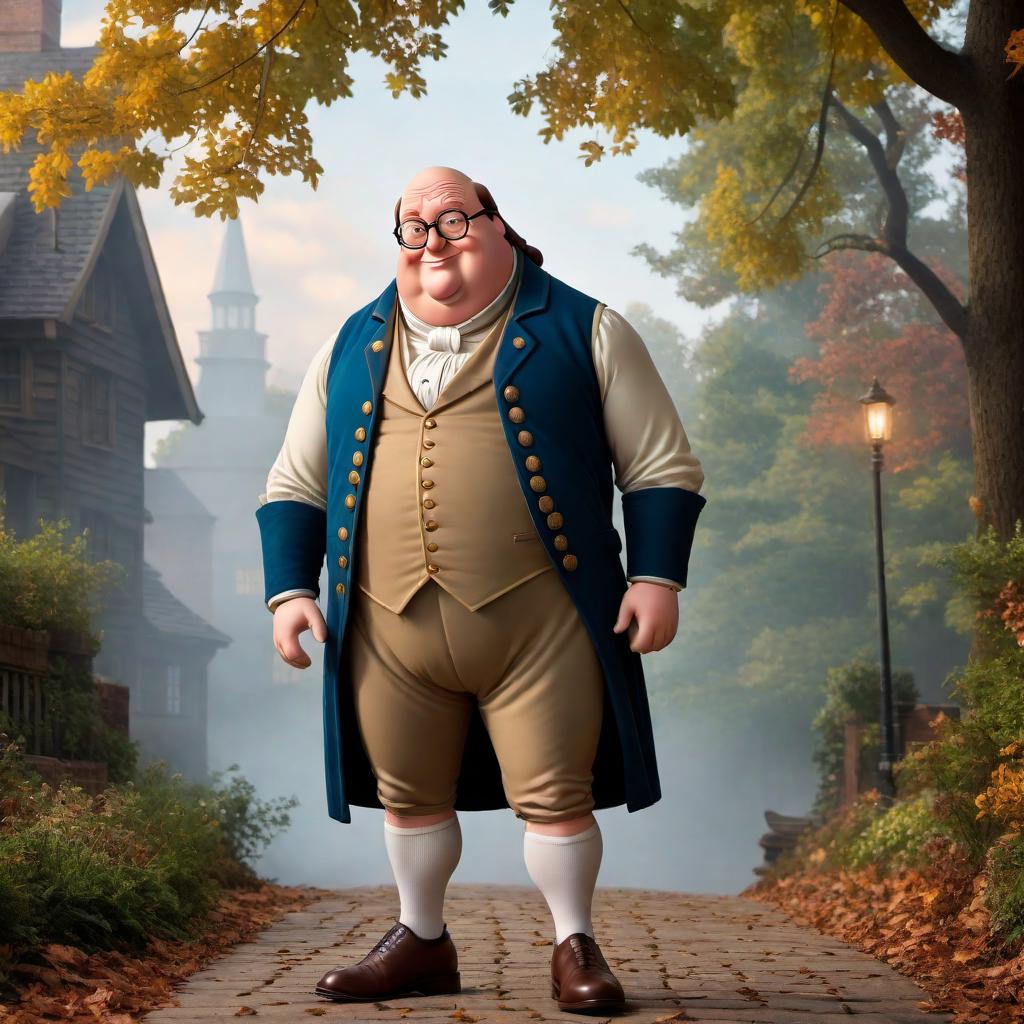  Peter Griffin from Family Guy styled as Benjamin Franklin. The character should be depicted in a similar fashion to Franklin's iconic look, complete with period clothing and hairstyle, while maintaining Peter Griffin's recognizable features. hyperrealistic, full body, detailed clothing, highly detailed, cinematic lighting, stunningly beautiful, intricate, sharp focus, f/1. 8, 85mm, (centered image composition), (professionally color graded), ((bright soft diffused light)), volumetric fog, trending on instagram, trending on tumblr, HDR 4K, 8K