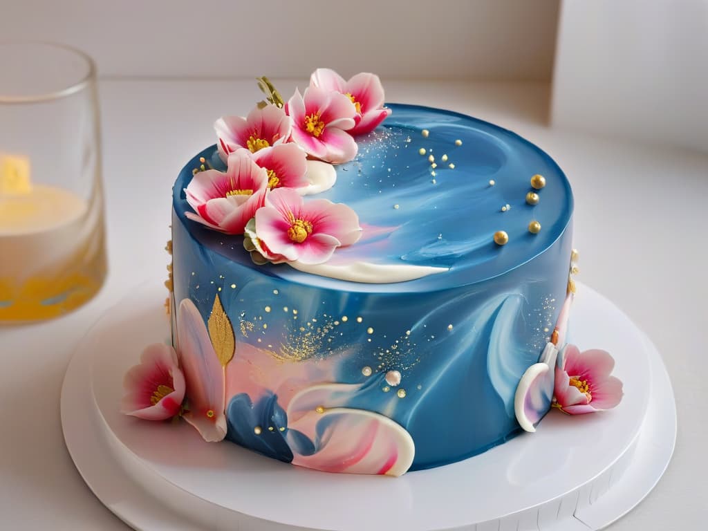  An ultradetailed closeup image of a delicate and intricate mirror glaze cake, showcasing a vibrant marbled pattern in shades of pastel pink, blue, and gold. The glossy surface reflects soft lighting, highlighting the smooth texture and precise details of the dessert. Tiny edible gold leaf accents delicately adorn the top, adding a touch of elegance to this modern confection. hyperrealistic, full body, detailed clothing, highly detailed, cinematic lighting, stunningly beautiful, intricate, sharp focus, f/1. 8, 85mm, (centered image composition), (professionally color graded), ((bright soft diffused light)), volumetric fog, trending on instagram, trending on tumblr, HDR 4K, 8K