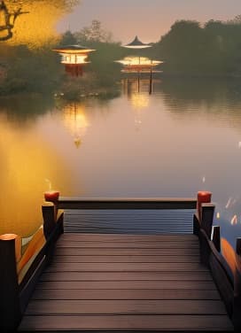  masterpiece, best quality, (Fidelity: 1.4), Best Quality, Masterpiece, Ultra High Resolution, 8k resolution, A night view inspired by Japanese art, featuring a garden illuminated by paper lanterns and a wooden bridge spanning a tranquil lake, by the lakeside, there is a small Zen temple. The water reflects the starry sky.