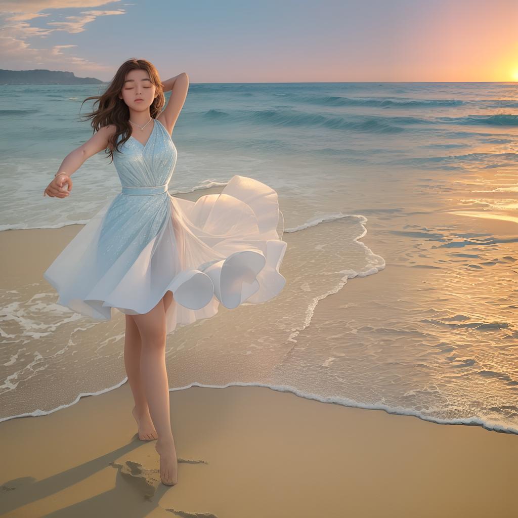  masterpiece, best quality, Against the backdrop of a picturesque sunset, a young gracefully dances on the sandy shores of a serene beach. The rhythmic movement of her body mirrors the gentle crashing of waves, creating a harmonious connection between her and the natural world. The atmosphere is serene and peaceful, evoking a sense of tranquility and beauty. This prompt is depicted in a photographic style, capturing the raw emotions and authenticity of the moment. The lighting is warm and golden, highlighting the 's silhouette against the vint hues of the sky. This prompt can be realized using a high quality camera with a wide angle lens, capturing the intricate details of the scene while maintaining a naturalistic feel.