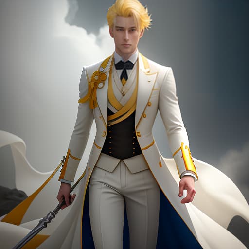  On the image, there is one young man. He is standing upright. He has yellow hair. He has blue eyes. On him, there is a long white tailcoat with yellow inserts. hyperrealistic, full body, detailed clothing, highly detailed, cinematic lighting, stunningly beautiful, intricate, sharp focus, f/1. 8, 85mm, (centered image composition), (professionally color graded), ((bright soft diffused light)), volumetric fog, trending on instagram, trending on tumblr, HDR 4K, 8K