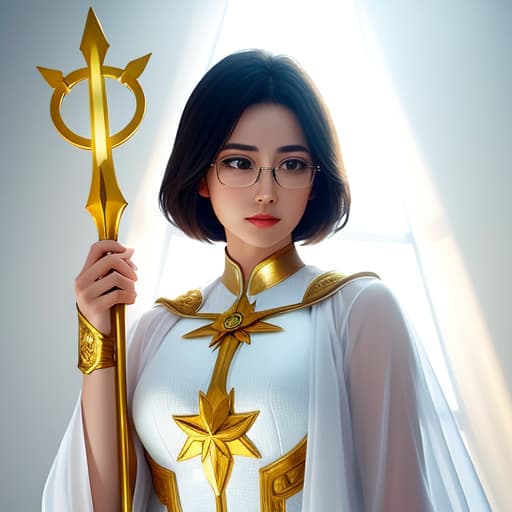  A superhero woman dressed in white and golden magic bodysuit, golden rays come from her body, a beautiful holy woman with magical staff , glasses, and short black hair, , hyperrealistic, high quality, highly detailed, cinematic lighting, intricate, sharp focus, f/1. 8, 85mm, (centered image composition), (professionally color graded), ((bright soft diffused light)), volumetric fog, trending on instagram, HDR 4K, 8K