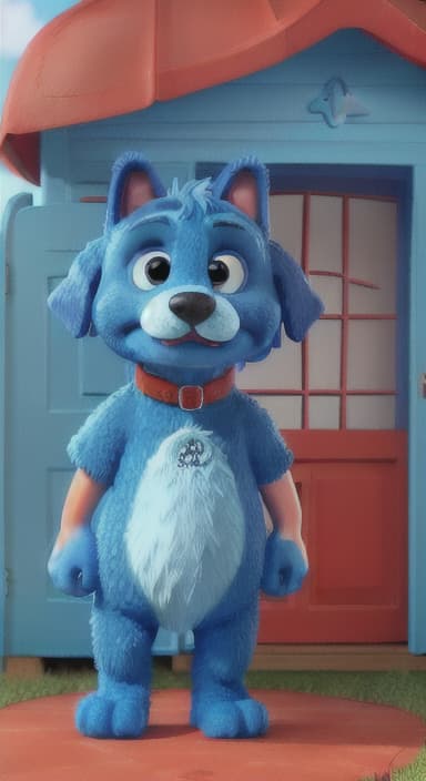  {Max the big blue dog standing in front of a cozy little house with a red door, The big blue dog is large with sky blue fur, big round eyes, a black nose, and floppy ears.