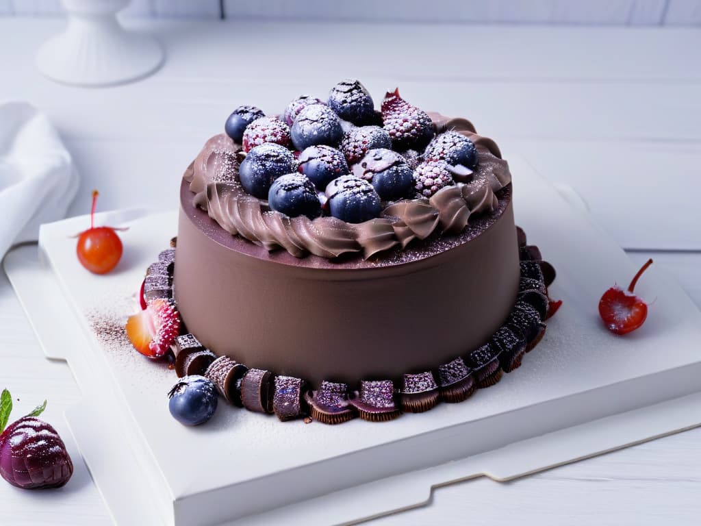  A highresolution, ultradetailed image of a dark chocolate mousse elegantly decorated with a sprinkling of vibrant purple maqui berries on top, set against a pristine white backdrop. The maqui berries glisten with freshness, showcasing their antioxidantrich goodness and hinting at the delectable fusion of flavors awaiting in the dessert. hyperrealistic, full body, detailed clothing, highly detailed, cinematic lighting, stunningly beautiful, intricate, sharp focus, f/1. 8, 85mm, (centered image composition), (professionally color graded), ((bright soft diffused light)), volumetric fog, trending on instagram, trending on tumblr, HDR 4K, 8K