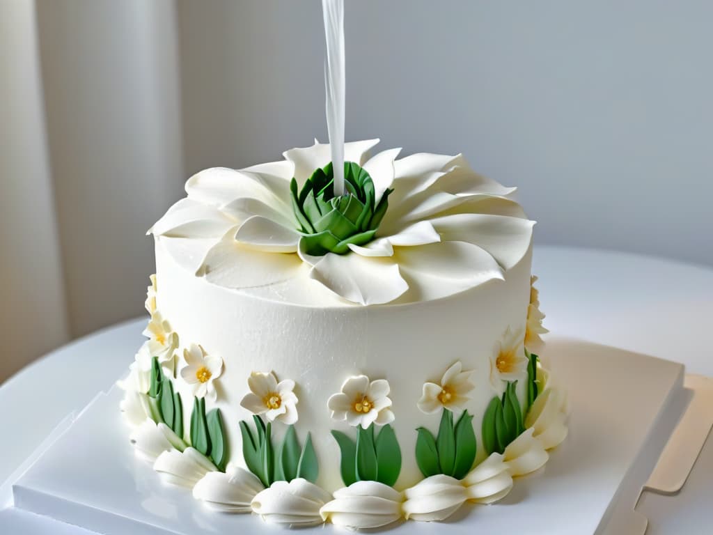  A closeup, highresolution image of a 3D printer nozzle meticulously crafting a delicate and intricate sugar flower on a white fondant cake. The nozzle is precise and detailed, showcasing the advanced technology in creating edible art. The background is blurred, emphasizing the focus on the artistry and precision of the 3D printing process for desserts. hyperrealistic, full body, detailed clothing, highly detailed, cinematic lighting, stunningly beautiful, intricate, sharp focus, f/1. 8, 85mm, (centered image composition), (professionally color graded), ((bright soft diffused light)), volumetric fog, trending on instagram, trending on tumblr, HDR 4K, 8K