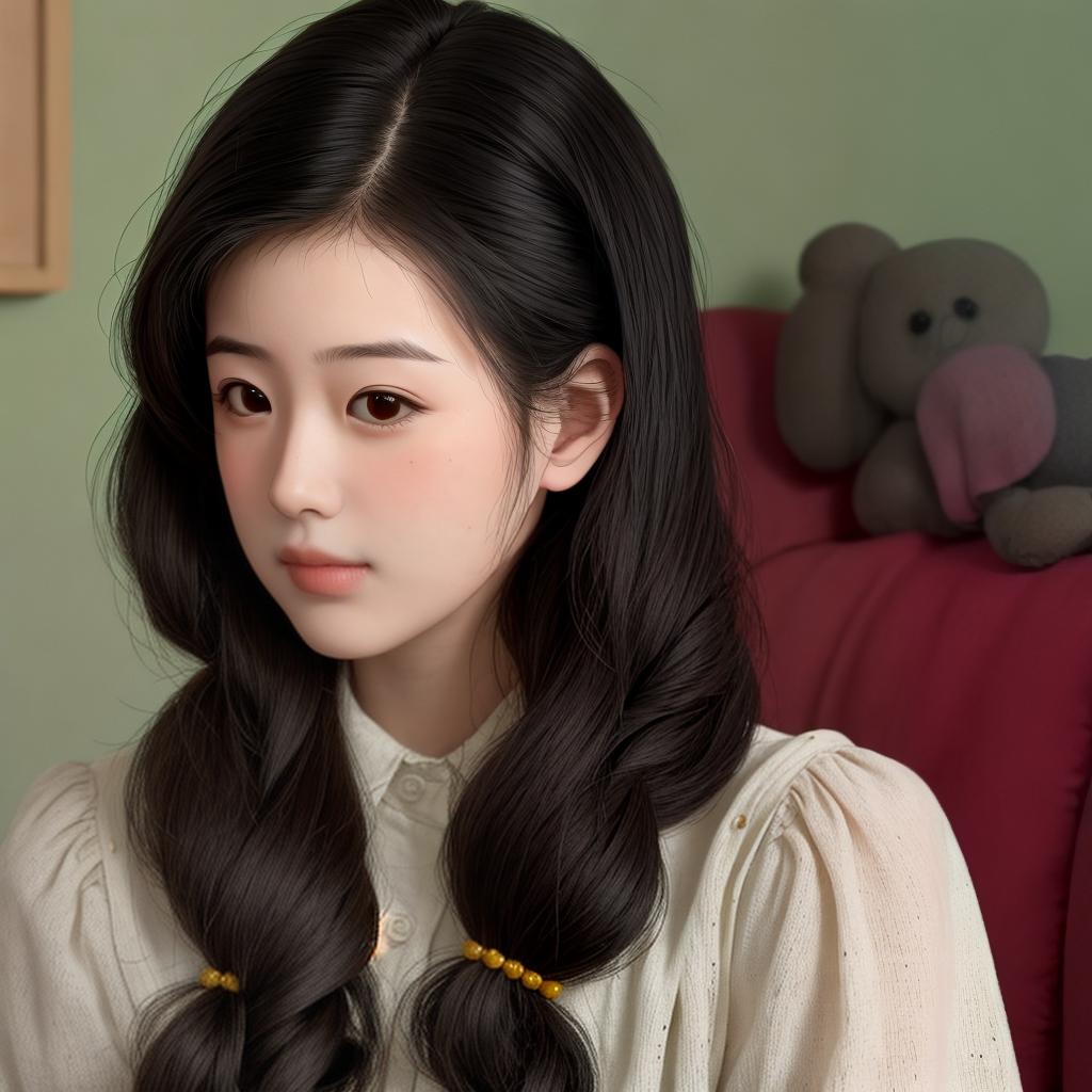  masterpiece, best quality, a young realistic doll, , preppy, hair half up half down, surrounded by others