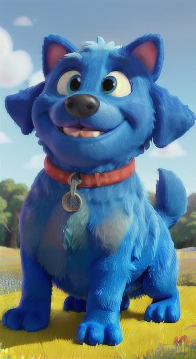  {A happy, big blue dog wagging its tail in a colorful meadow, The big blue dog is large with sky blue fur, big round eyes, a black nose, and floppy ears.