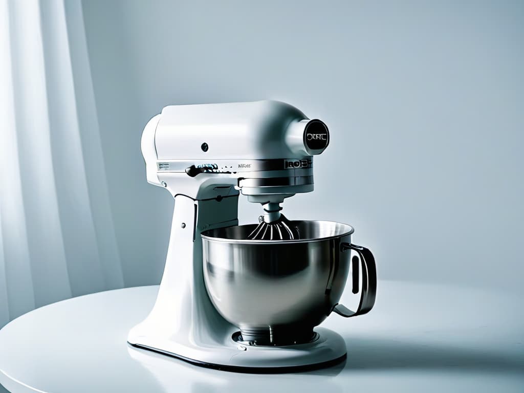  A sleek and modern professional stand mixer in a pristine white color, set against a clean, minimalist backdrop. The mixer is prominently displayed with its various attachments neatly arranged beside it, showcasing its versatility and functionality. The image exudes elegance and sophistication, appealing to the discerning eye of professional bakers and chefs seeking the perfect stand mixer for their kitchen. hyperrealistic, full body, detailed clothing, highly detailed, cinematic lighting, stunningly beautiful, intricate, sharp focus, f/1. 8, 85mm, (centered image composition), (professionally color graded), ((bright soft diffused light)), volumetric fog, trending on instagram, trending on tumblr, HDR 4K, 8K