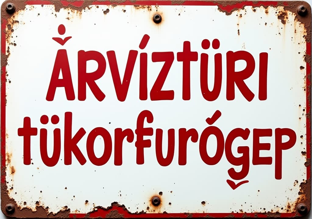  good quality, high quality, a rusty weather beaten metal signboard white, edge painted red, with large text roboto font, hungarian language, "árvíztűrő tükörfúrógép"