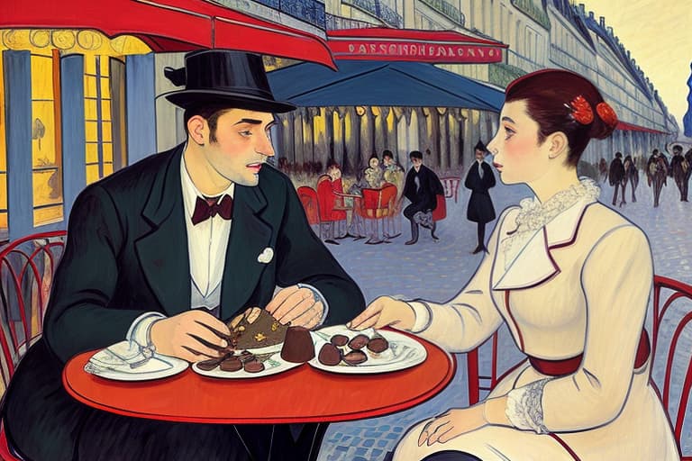  attractive young Parisian couple dressed in modern designer outfits who are romantically together in Paris. Foreground a small plate of fine dark chocolates on a bedside table. Background dusk with a light of the outdoor cafe street scene. Painting style of Henri de Toulouse-Lautrec