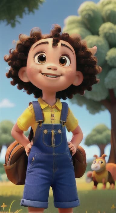  {Riley looking up at the tree with a big smile, animals surrounding them., Riley, a curious with big brown eyes and curly hair, wearing overalls and carrying a small backpack. Their friend, Skye, a bluebird with shiny feathers.