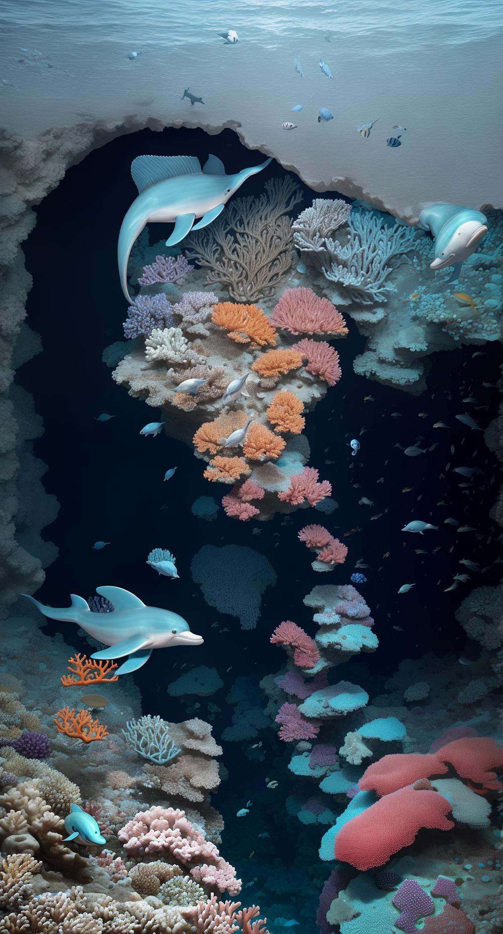  masterpiece, best quality, beautiful deep sea full of corals, diverse marine life and fascinating underwater landscapes with corals, appendages, small fish, anemones, dolphins, various algae, caves, colorful, 8k resolution and intricate detail