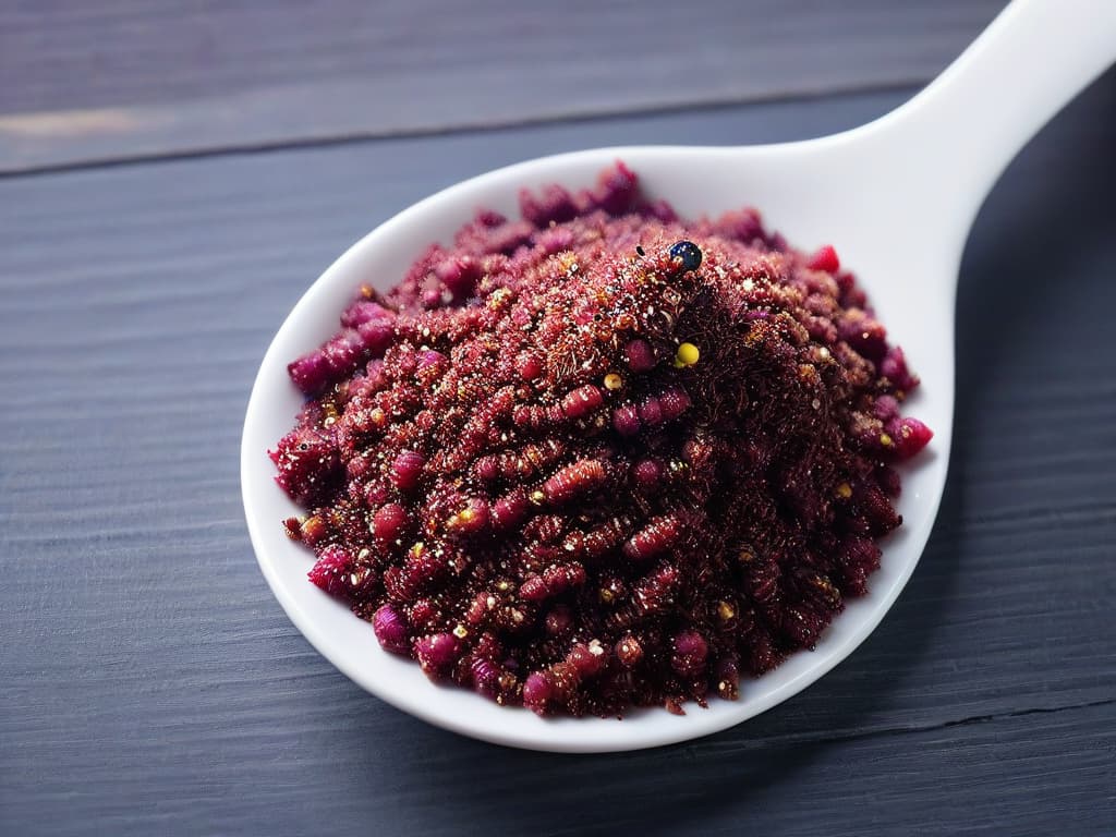  An ultradetailed and minimalist image of a vibrant purple quinoa grain placed delicately on a sleek, modern silver spoon, set against a pure white background. The quinoa grain is perfectly illuminated to showcase its intricate texture and natural beauty, with each tiny detail of the grain sharply defined in stunning clarity, capturing the essence of this Andean superfood in a visually striking and sophisticated composition. hyperrealistic, full body, detailed clothing, highly detailed, cinematic lighting, stunningly beautiful, intricate, sharp focus, f/1. 8, 85mm, (centered image composition), (professionally color graded), ((bright soft diffused light)), volumetric fog, trending on instagram, trending on tumblr, HDR 4K, 8K