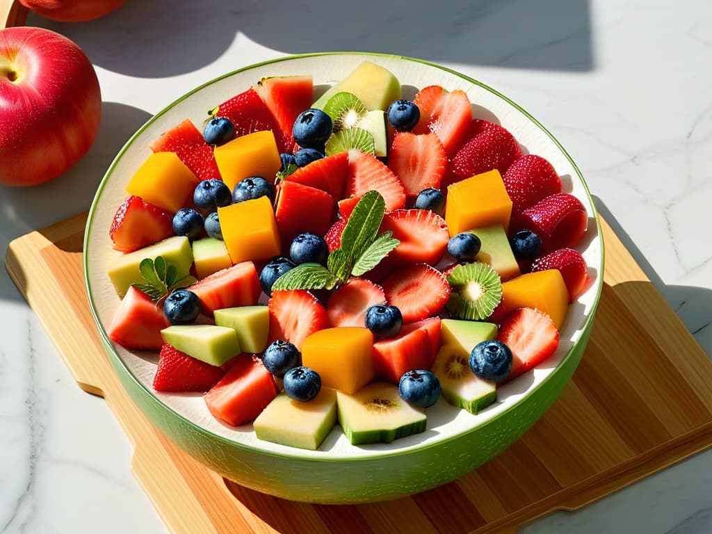  An ultradetailed image of a vibrant, colorful fruit salad elegantly arranged in a sleek, modern bowl on a marble countertop. The fruits are meticulously sliced and perfectly displayed, showcasing a variety of textures and colors that exude freshness and healthiness. The backdrop is softly blurred, emphasizing the intricate details of each fruit piece, from the glistening watermelon cubes to the juicy blueberries and ripe strawberries. The lighting is soft and natural, casting a gentle glow on the fruits, making them appear even more appetizing and inviting. hyperrealistic, full body, detailed clothing, highly detailed, cinematic lighting, stunningly beautiful, intricate, sharp focus, f/1. 8, 85mm, (centered image composition), (professionally color graded), ((bright soft diffused light)), volumetric fog, trending on instagram, trending on tumblr, HDR 4K, 8K