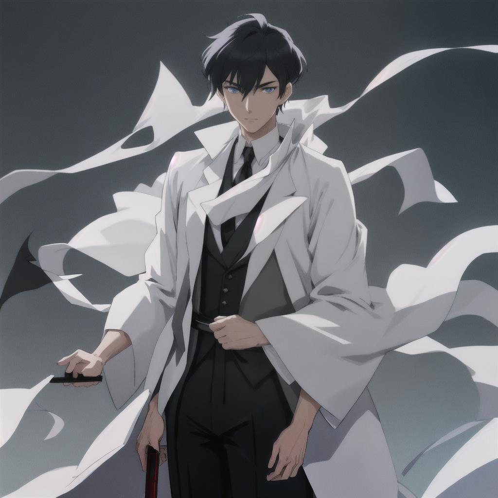  a man in a white shirt and black pants, ((wearing aristocrat robe)), inspired by Itō Ogura Yonesuke, anime handsome man, tall anime guy with blue eyes, handsome guy in demon slayer art, hajime yatate, inspired by Fujishima Takeji, shikanosuke yagaki, white fox anime, taisho roman hyperrealistic, full body, detailed clothing, highly detailed, cinematic lighting, stunningly beautiful, intricate, sharp focus, f/1. 8, 85mm, (centered image composition), (professionally color graded), ((bright soft diffused light)), volumetric fog, trending on instagram, trending on tumblr, HDR 4K, 8K