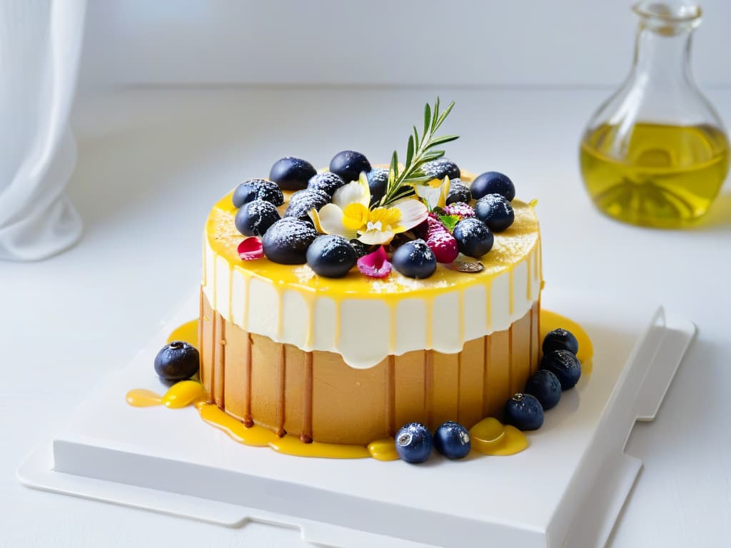  An ultradetailed image of a beautifully styled, minimalistic olive oil cake topped with delicate olive branches and drizzled with golden olive oil, set against a pristine white backdrop. The cake is intricately decorated with fresh berries and edible flowers, showcasing the elegance and simplicity of Mediterranean pastry artistry. The lighting captures every texture and detail of the cake, emphasizing its moist crumb and glossy finish, making it a visually stunning representation of the rising trend of olive oil cakes in modern gastronomy. hyperrealistic, full body, detailed clothing, highly detailed, cinematic lighting, stunningly beautiful, intricate, sharp focus, f/1. 8, 85mm, (centered image composition), (professionally color graded), ((bright soft diffused light)), volumetric fog, trending on instagram, trending on tumblr, HDR 4K, 8K