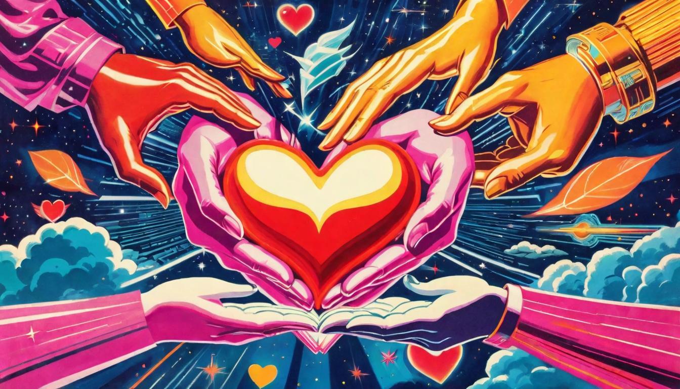  retro futuristic Two hands (metaphorically depicted as merging streams) bringing together pieces of a heart, showing the healing power of unity, Uniting, healing, transformative lvintage sci fi, 50s and 60s style, atomic age, vibrant, highly detailed