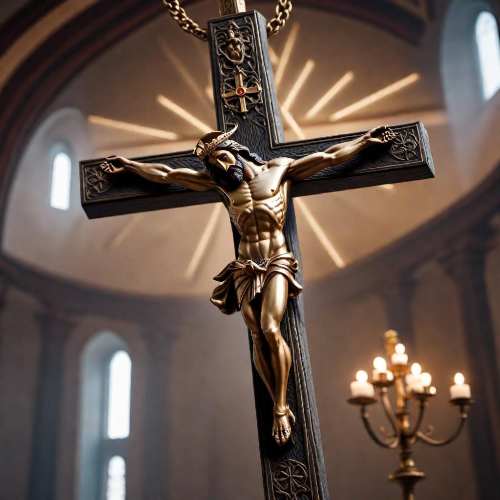  Orthodox cross with Jesus Christ crucified. hyperrealistic, full body, detailed clothing, highly detailed, cinematic lighting, stunningly beautiful, intricate, sharp focus, f/1. 8, 85mm, (centered image composition), (professionally color graded), ((bright soft diffused light)), volumetric fog, trending on instagram, trending on tumblr, HDR 4K, 8K