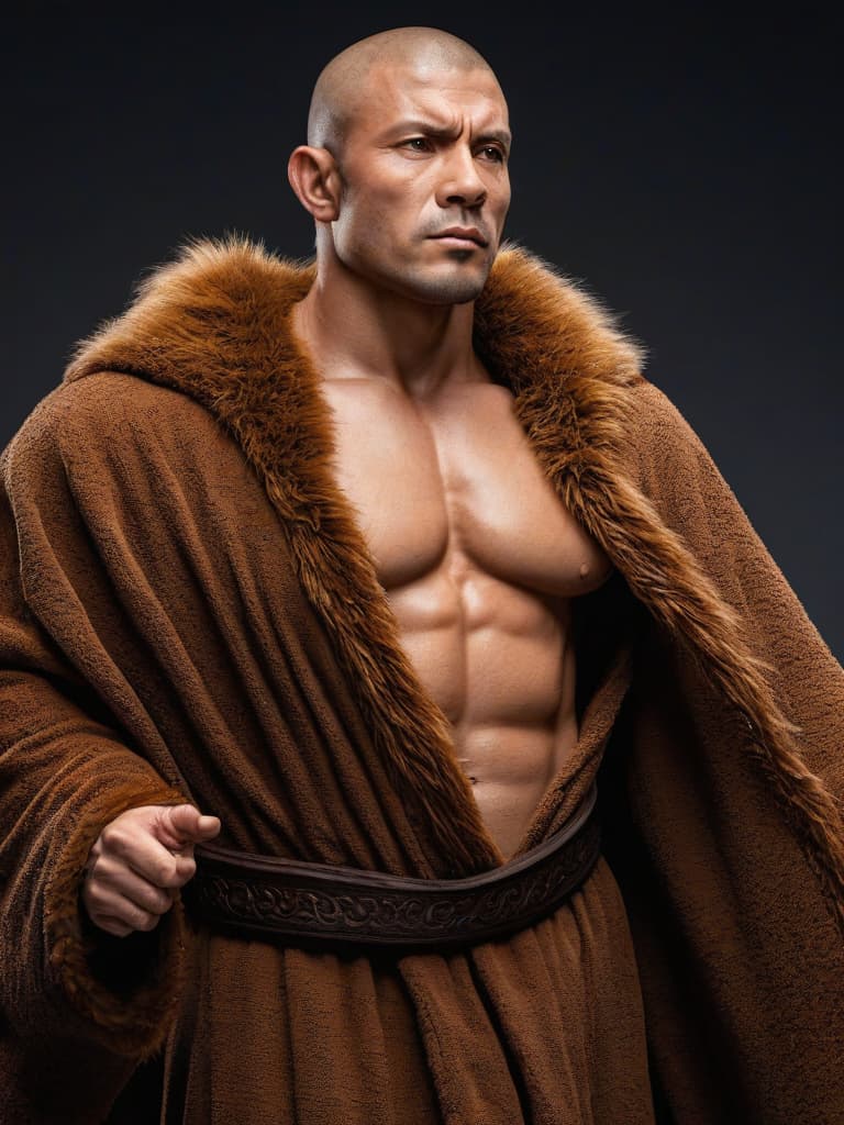  masterpiece, best quality, official art, extremely detailed cg 8k, male humanoid covered in brown fur, small tusks protruding from mouth, muscular, athletic, build, wearing monks robe, long arms, Highly detailed, dynamic, lighting, high contrast, 3/4 profile view, martial artist stance