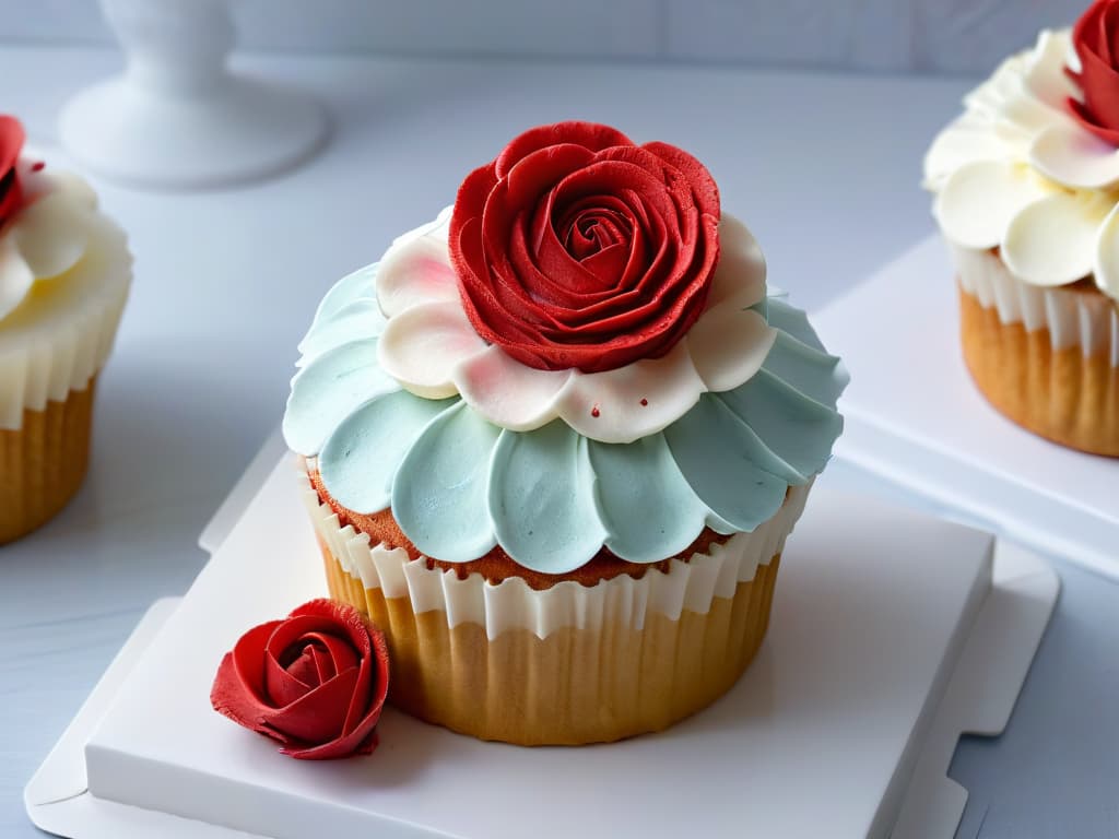  A closeup, ultradetailed image of a perfectly frosted cupcake, topped with a single delicate rose petal. The frosting is swirled elegantly, with tiny, intricate details visible, and the rose petal is a vibrant red against the soft pastel backdrop. The lighting is soft, casting gentle shadows that highlight the texture of the frosting and the petal's veins. The overall aesthetic is minimalist yet captivating, showcasing the artistry and attention to detail in pastry decoration. hyperrealistic, full body, detailed clothing, highly detailed, cinematic lighting, stunningly beautiful, intricate, sharp focus, f/1. 8, 85mm, (centered image composition), (professionally color graded), ((bright soft diffused light)), volumetric fog, trending on instagram, trending on tumblr, HDR 4K, 8K