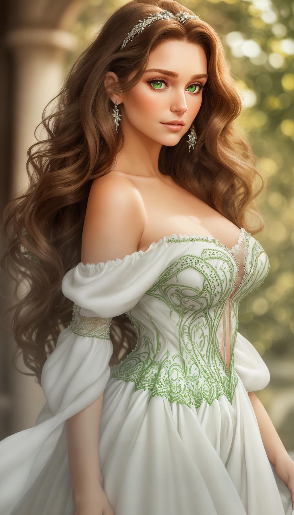  A closeup potrait of a beautiful woman with long brown hair and green eyes is wearing a white dress with an off the shoulder neckline. The dress is made of a sheer fabric and has intricate beading on the bodice. The woman's hair is styled in loose waves and she is wearing a soft, natural makeup look.