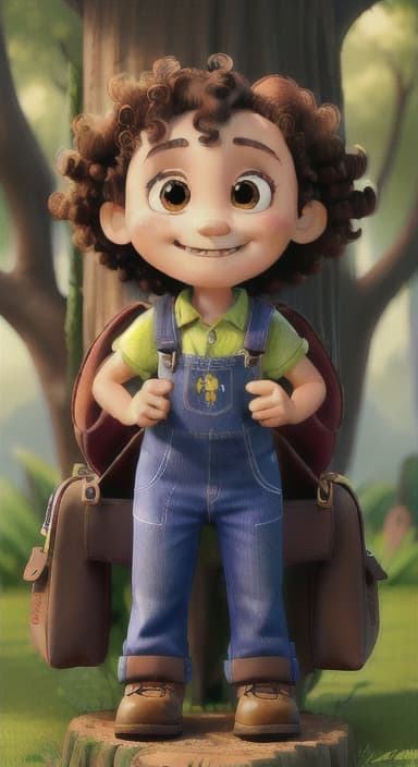  {The tree with a smiling face formed by its bark, looking down at Riley., Riley, a curious with big brown eyes and curly hair, wearing overalls and carrying a small backpack. Their friend, Skye, a bluebird with shiny feathers.