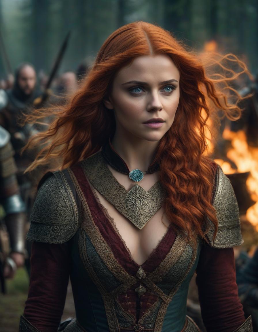  cinematic film still The Tudor era, a tragic frame from the film, the most detailed image, emphasis on faces, Chloe Grace Moretz with light red long curly hair, dressed as Triss Merrigold from the game The Witcher 3 in anger leads an attack of armed warrior knights, maximum detail, small details, especially carefully drawn faces and emotions, the strictest matching the request, historical costumes are reproduced as accurately as possible, weak dramatic lighting, mud, heavy rain, dark dense gloomy forest around, . shallow depth of field, vignette, highly detailed, high budget, bokeh, cinemascope, moody, epic, gorgeous, film grain, grainy hyperrealistic, full body, detailed clothing, highly detailed, cinematic lighting, stunningly beautiful, intricate, sharp focus, f/1. 8, 85mm, (centered image composition), (professionally color graded), ((bright soft diffused light)), volumetric fog, trending on instagram, trending on tumblr, HDR 4K, 8K