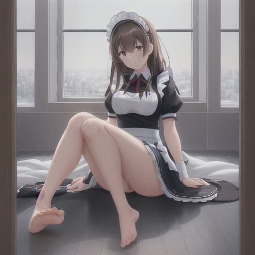  (score 9,score 8 up,score 7 up,),1girl,solo,maid,maid headdress,looking at viewer,apron,brown hair,indoors,black hair,bare foot,feet focus,two feet hyperrealistic, full body, detailed clothing, highly detailed, cinematic lighting, stunningly beautiful, intricate, sharp focus, f/1. 8, 85mm, (centered image composition), (professionally color graded), ((bright soft diffused light)), volumetric fog, trending on instagram, trending on tumblr, HDR 4K, 8K