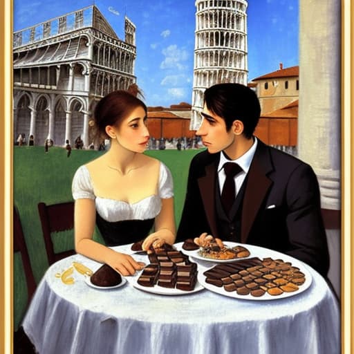  Attractive Beautiful young modern Italian couple dressed in modern designer attire looking. Foreground plates of fine dark chocolates on a table. Background leaning tower of Pisa. Painting style of Edgar Degas